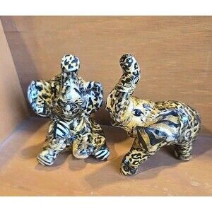 Set of 2 La Vie African Safari Patchwork Elephants Ceramic Figurines 3 3/4" tall